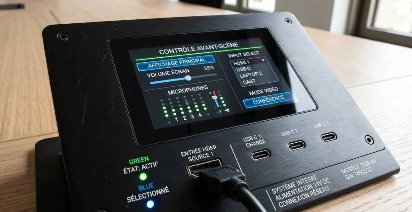 Panneau de contrôle audiovisuel professionnel avec ports HDMI et interface tactile dans une salle de conférence moderne