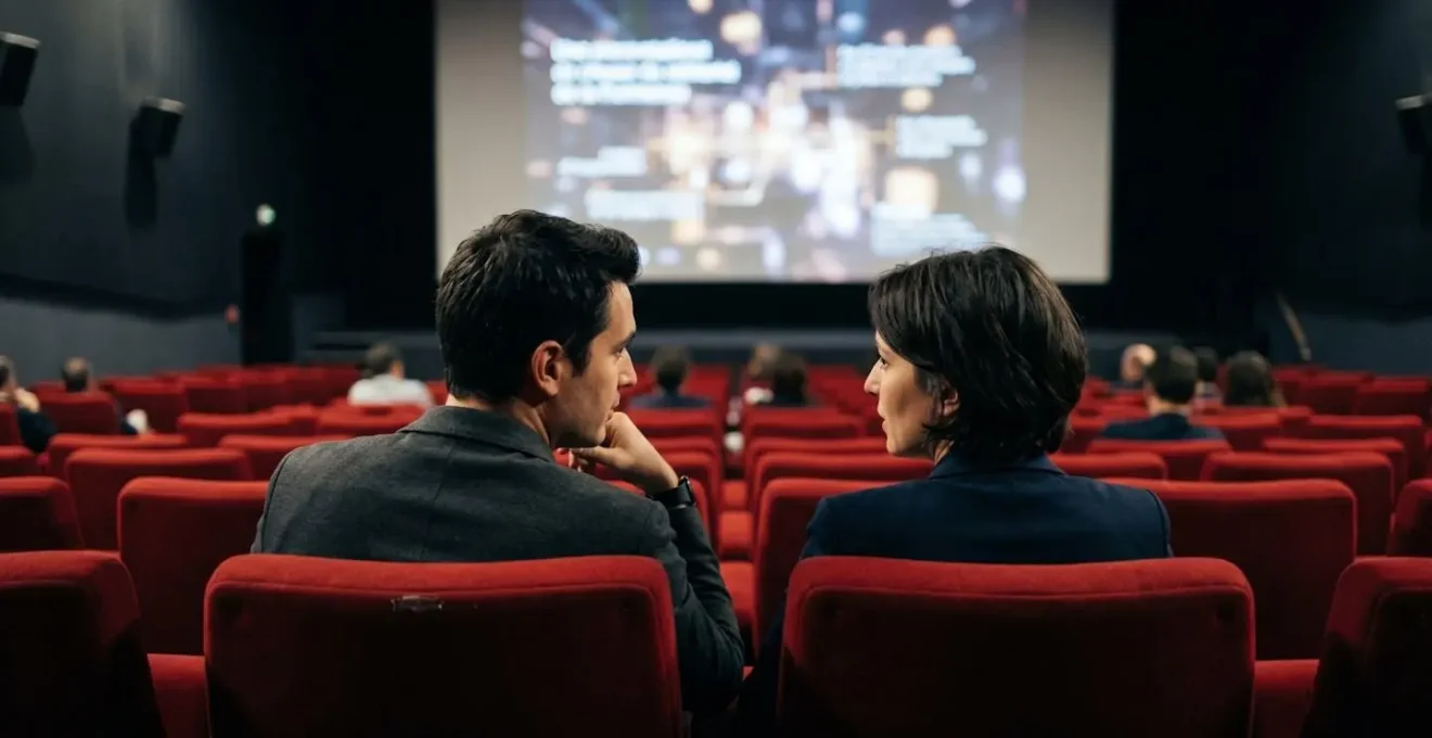 Deux professionnels de dos discutant dans les gradins d'une salle de cinéma privatisée avec écran géant en arrière-plan