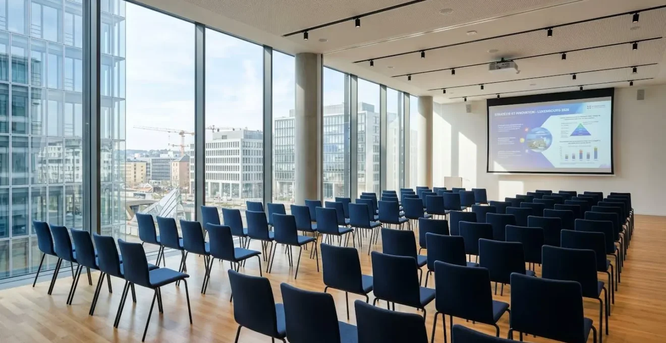 Salle de conférence moderne vide au Luxembourg avec rangées de sièges en configuration théâtre et écran de projection