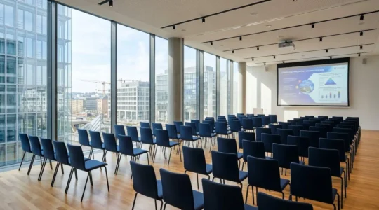 Salle de conférence moderne vide au Luxembourg avec rangées de sièges en configuration théâtre et écran de projection