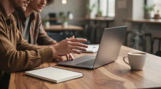 Un formateur et un apprenant en session de coaching individuel, symbolisant l'accompagnement qui garantit la reussite d'une formation