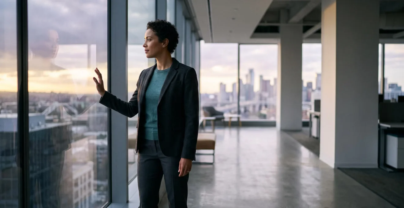 Un cadre en costume regarde vers un horizon lumineux depuis une baie vitrée d'un bureau moderne, symbolisant la transition vers le leadership transformationnel