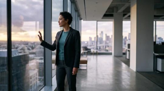 Un cadre en costume regarde vers un horizon lumineux depuis une baie vitrée d'un bureau moderne, symbolisant la transition vers le leadership transformationnel