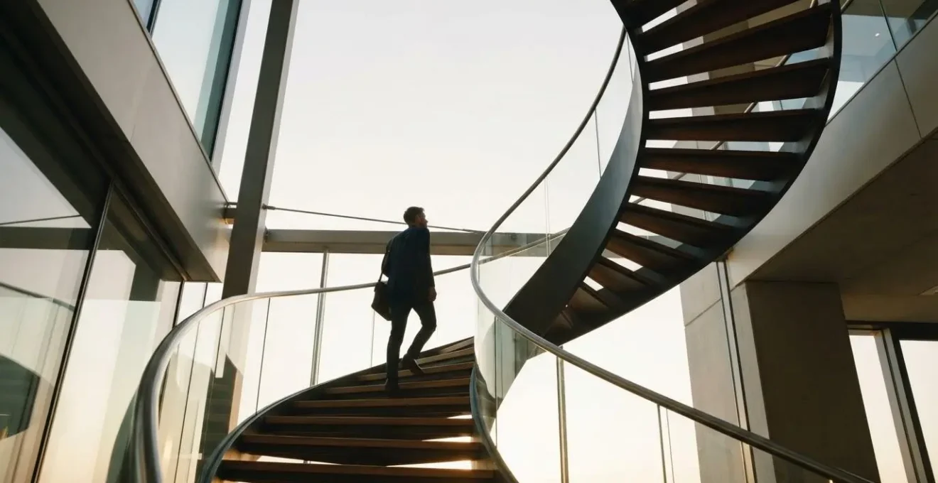 Silhouette professionnelle gravissant un escalier symbolique en spirale, illustrant l'ascension rapide de carrière grâce à une formation stratégique