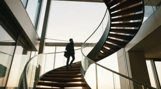 Silhouette professionnelle gravissant un escalier symbolique en spirale, illustrant l'ascension rapide de carrière grâce à une formation stratégique