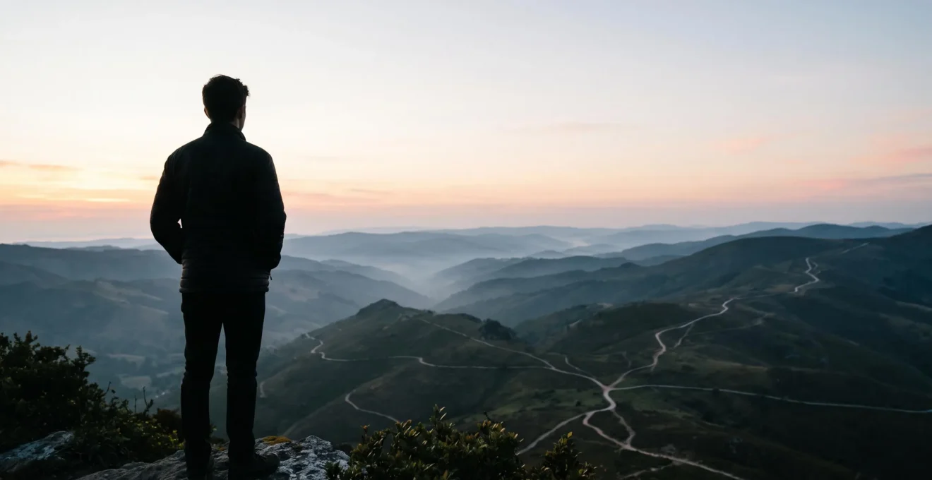 Une personne se tient face à un vaste paysage ouvert au lever du jour, symbolisant la vision d'une carrière construite sur 10 ans grâce à une formation stratégique