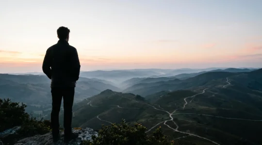Une personne se tient face à un vaste paysage ouvert au lever du jour, symbolisant la vision d'une carrière construite sur 10 ans grâce à une formation stratégique