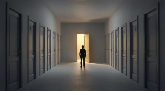 Silhouette d'une personne face à une multitude de portes identiques et non marquées, symbolisant le choix difficile parmi de nombreux organismes de formation