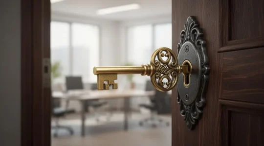 Une clé dorée insérée dans une serrure élégante symbolisant l'accès aux opportunités professionnelles grâce à une certification reconnue