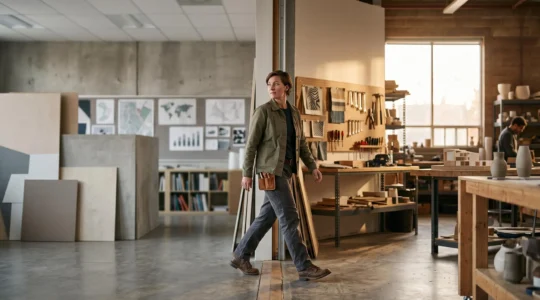 Jeune professionnel fraîchement certifié passant symboliquement du monde de l'apprentissage à celui de l'entreprise, incarnant une transition réussie vers l'opérationnalité.