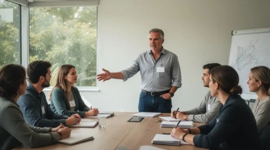 Professionnel expérimenté partageant son savoir-faire avec un groupe d'apprenants dans une salle de formation lumineuse