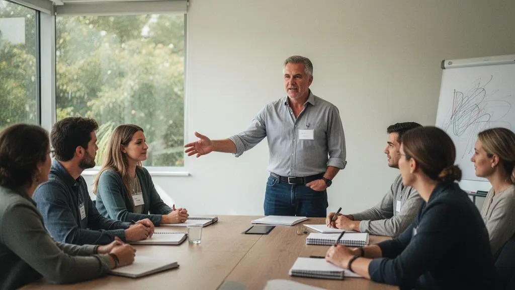 Professionnel expérimenté partageant son savoir-faire avec un groupe d'apprenants dans une salle de formation lumineuse