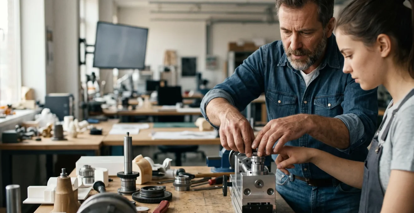 Un professionnel expert en activité partage un geste technique réel avec un apprenant dans un environnement de travail authentique