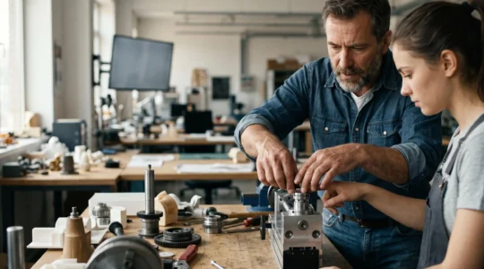 Un professionnel expert en activité partage un geste technique réel avec un apprenant dans un environnement de travail authentique