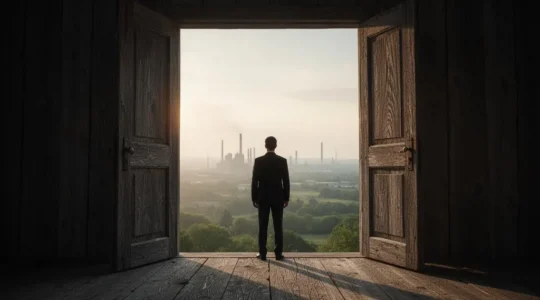 Une personne se tient au seuil d'une porte ouverte, contemplant un vaste horizon professionnel inconnu avant de s'engager dans une formation