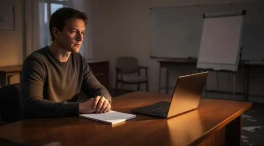 Un formateur seul face a son ecran d'ordinateur portable dans un bureau chaleureux, symbolisant la transition du presentiel vers l'animation en ligne