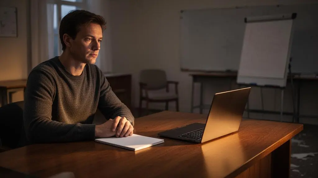 Un formateur seul face a son ecran d'ordinateur portable dans un bureau chaleureux, symbolisant la transition du presentiel vers l'animation en ligne