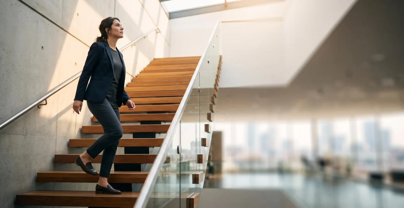 Un professionnel gravissant un escalier lumineux symbolisant l'ascension de carrière grâce à une formation stratégique