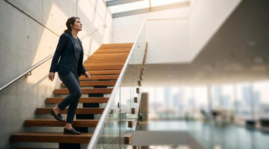 Un professionnel gravissant un escalier lumineux symbolisant l'ascension de carrière grâce à une formation stratégique