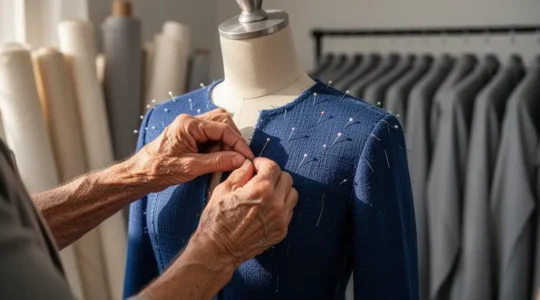 Silhouette ajustant sur-mesure un vêtement suspendu dans un atelier lumineux, symbole d'une formation personnalisée