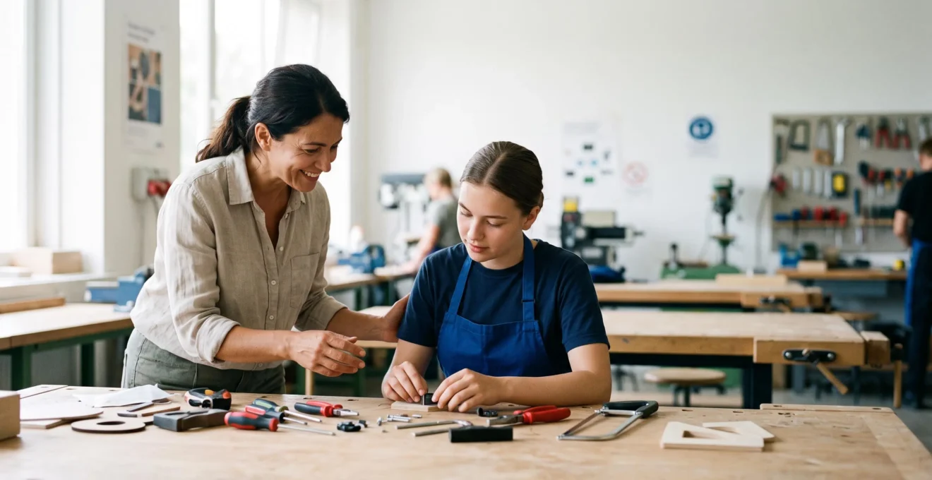 Un formateur guide avec bienveillance un apprenant debutant dans un atelier lumineux, incarnant une pedagogie patiente et respectueuse