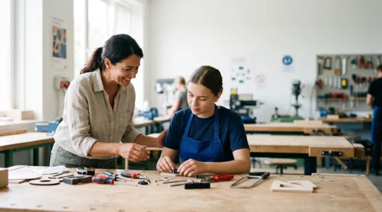 Un formateur guide avec bienveillance un apprenant debutant dans un atelier lumineux, incarnant une pedagogie patiente et respectueuse
