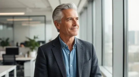 Portrait éditorial d'un professionnel expérimenté de 50 ans, confiant et concentré, symbolisant la préservation de l'employabilité face à la concurrence des jeunes diplômés