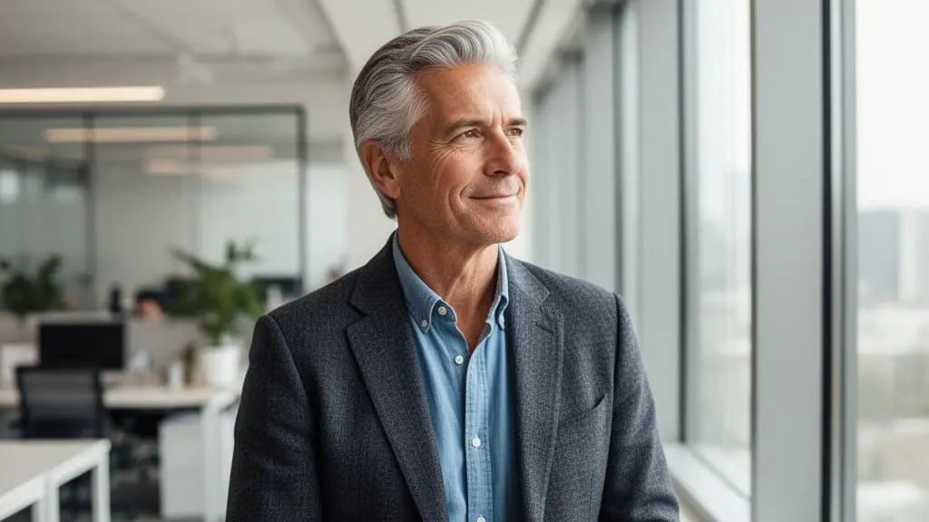 Portrait éditorial d'un professionnel expérimenté de 50 ans, confiant et concentré, symbolisant la préservation de l'employabilité face à la concurrence des jeunes diplômés
