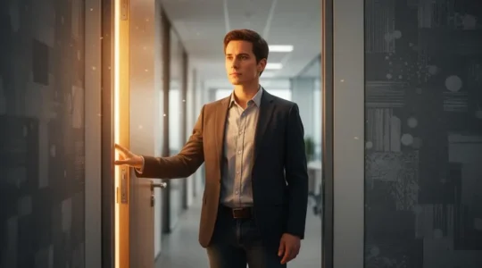 Professionnel franchissant un seuil lumineux, symbole d'une opportunite de carriere saisie grace a une formation express