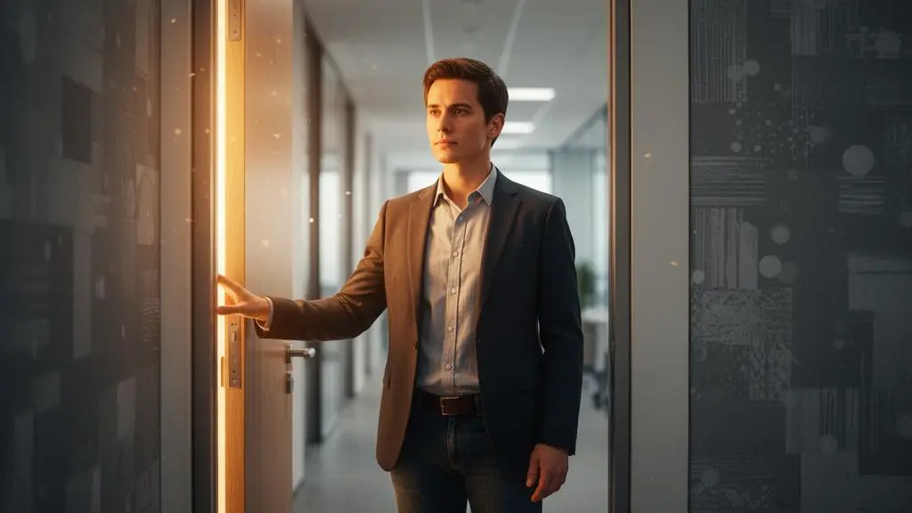 Professionnel franchissant un seuil lumineux, symbole d'une opportunite de carriere saisie grace a une formation express