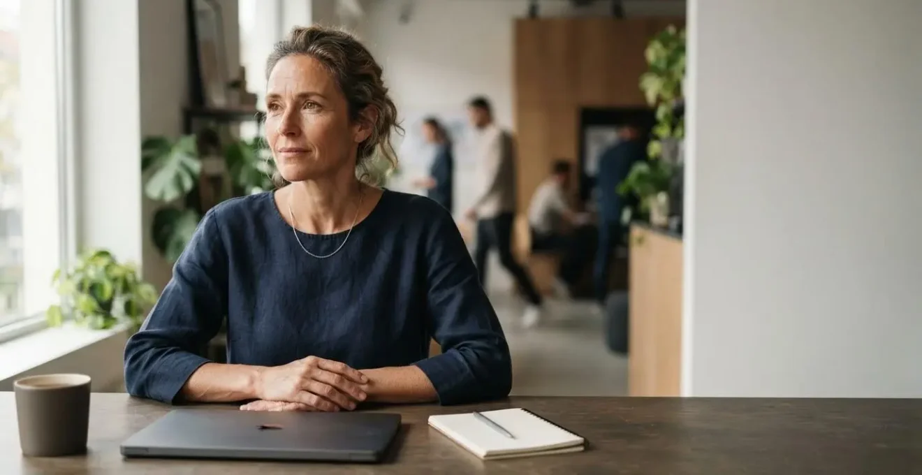 Personne en reconversion professionnelle assise à un bureau minimaliste, incarnant un nouveau départ vers un métier de l'informatique