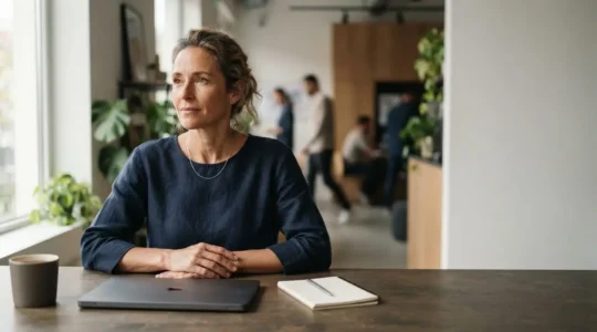 Personne en reconversion professionnelle assise à un bureau minimaliste, incarnant un nouveau départ vers un métier de l'informatique