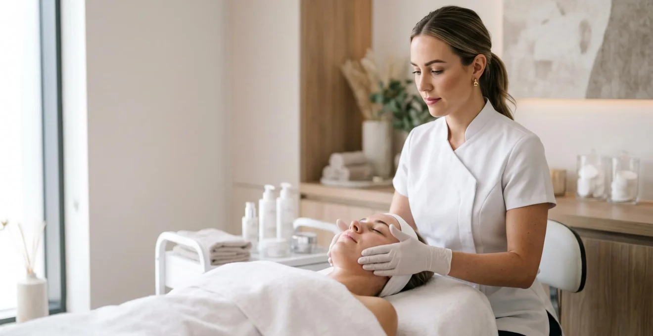 Jeune adulte en reconversion professionnelle pratiquant un soin esthétique du visage dans un institut lumineux, symbole de réussite du CAP esthétique