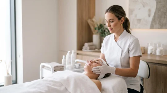 Jeune adulte en reconversion professionnelle pratiquant un soin esthétique du visage dans un institut lumineux, symbole de réussite du CAP esthétique