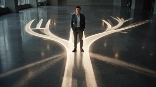 Une personne debout à un croisement de chemins lumineux, symbolisant les choix de formation qui sécurisent une trajectoire professionnelle