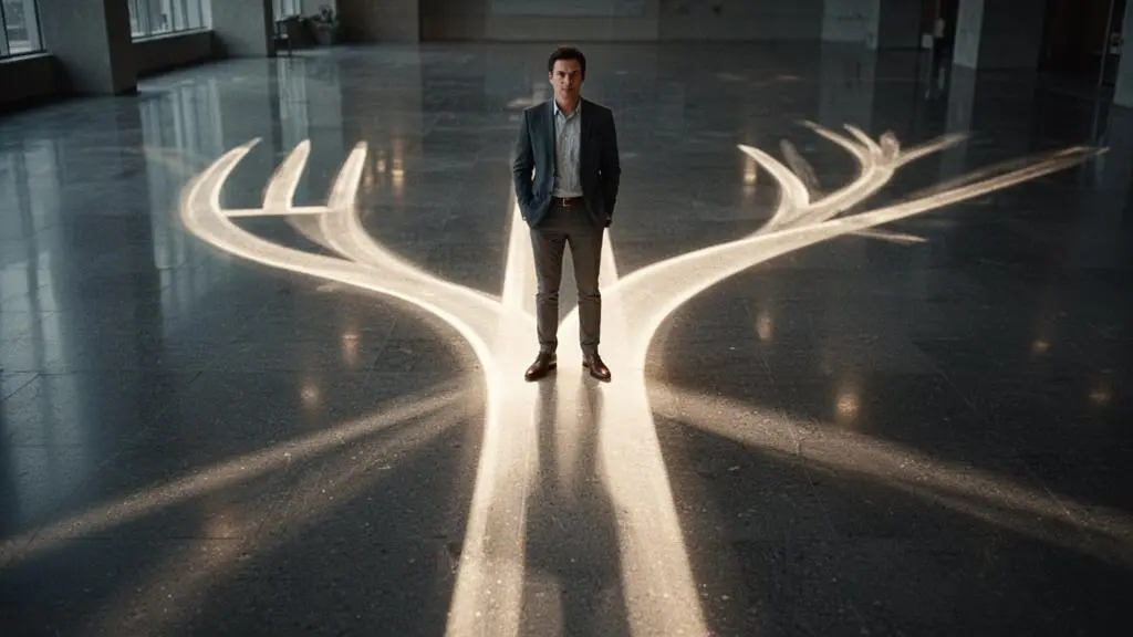 Une personne debout à un croisement de chemins lumineux, symbolisant les choix de formation qui sécurisent une trajectoire professionnelle