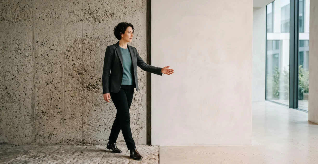 Une personne se tenant a la frontiere entre deux textures contrastees, symbolisant le passage vers de nouvelles competences professionnelles