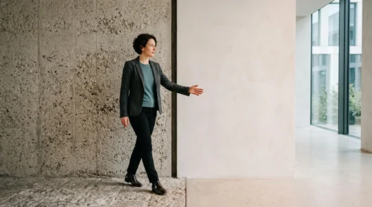 Une personne se tenant a la frontiere entre deux textures contrastees, symbolisant le passage vers de nouvelles competences professionnelles