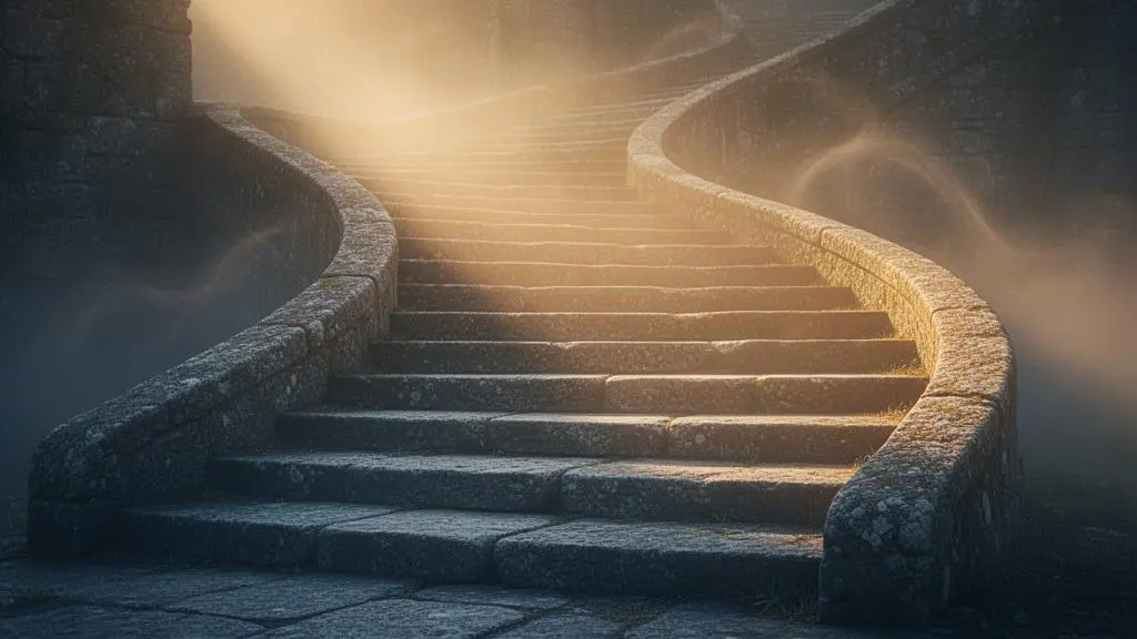 Escalier ascendant dans une lumière dorée symbolisant une trajectoire de formation continue sur toute une carrière