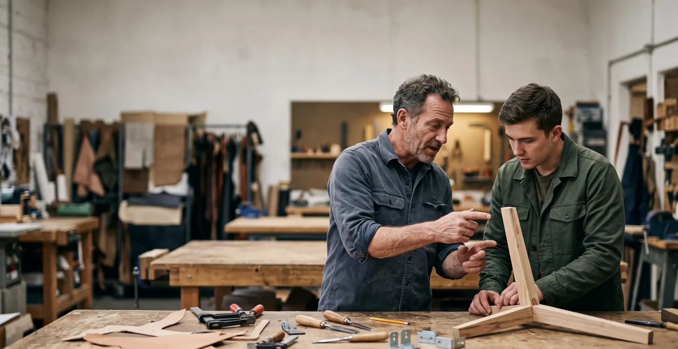 Un formateur expert echangeant avec un apprenant dans un atelier professionnel, symbolisant la verification de son expertise reelle