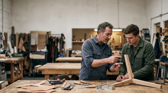 Un formateur expert echangeant avec un apprenant dans un atelier professionnel, symbolisant la verification de son expertise reelle
